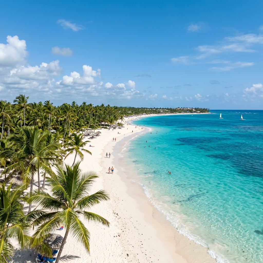 A high quality, photorealistic photograph of a breathtaking beach in Punta Cana, Dominican Republic, featuring lush palm trees, pristine white sand, and vibrant turquoise ocean water under a clear blue sky.